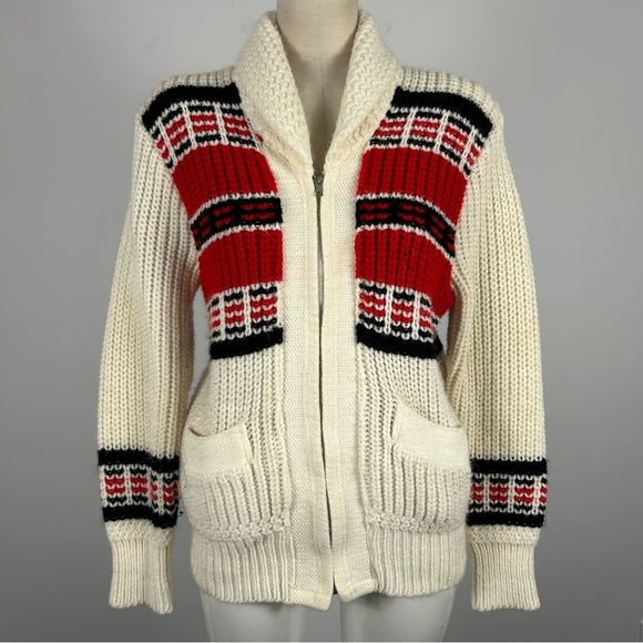 ❤️ Vintage Classic Curling Cream and Red Men's Zip-Up Sweater Size S-M - Picture 1 of 9
